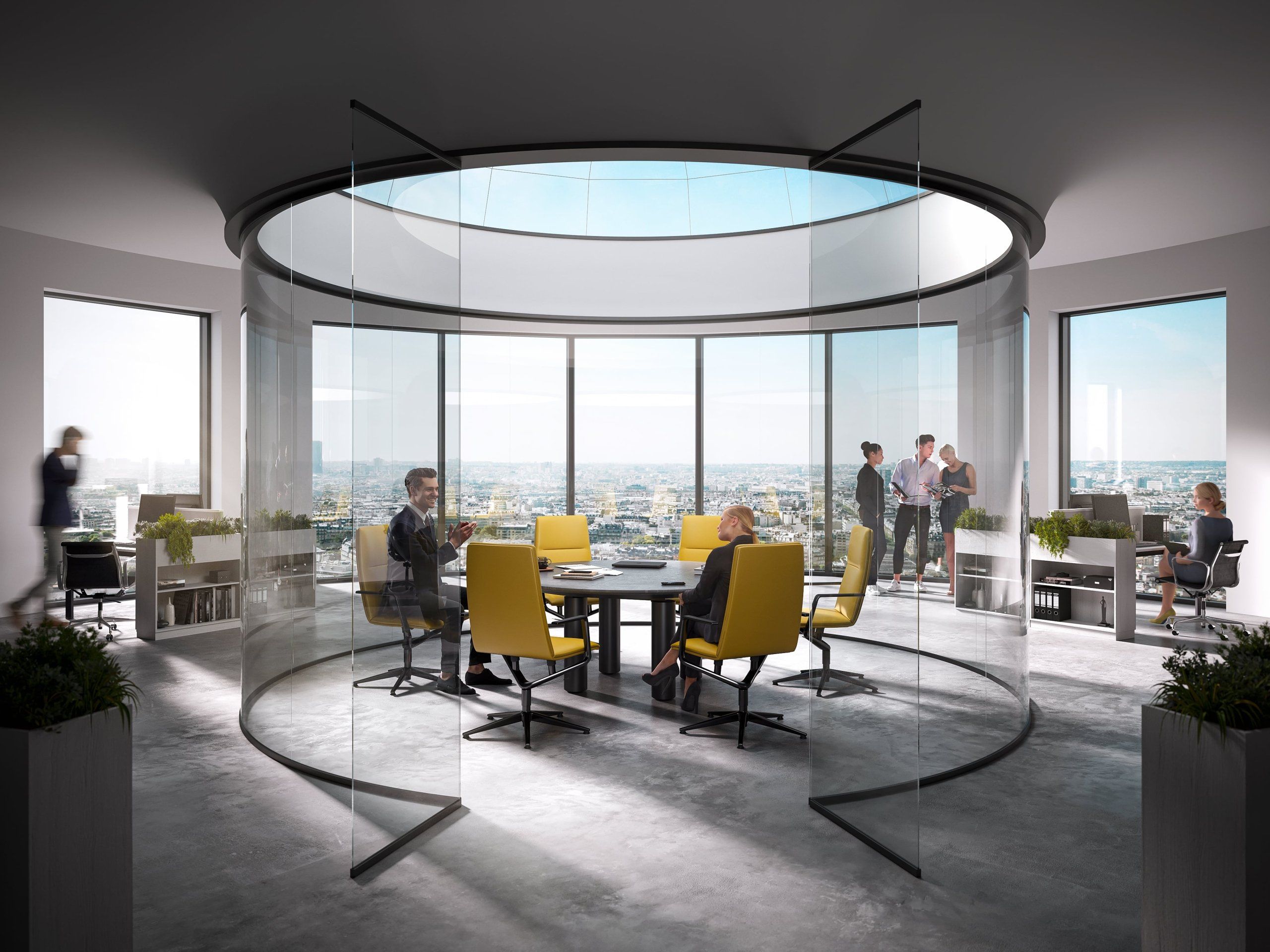 3D Visualization Of A Smart Office With Modular Desks, Blue Seating Pods, And Collaborative Spaces