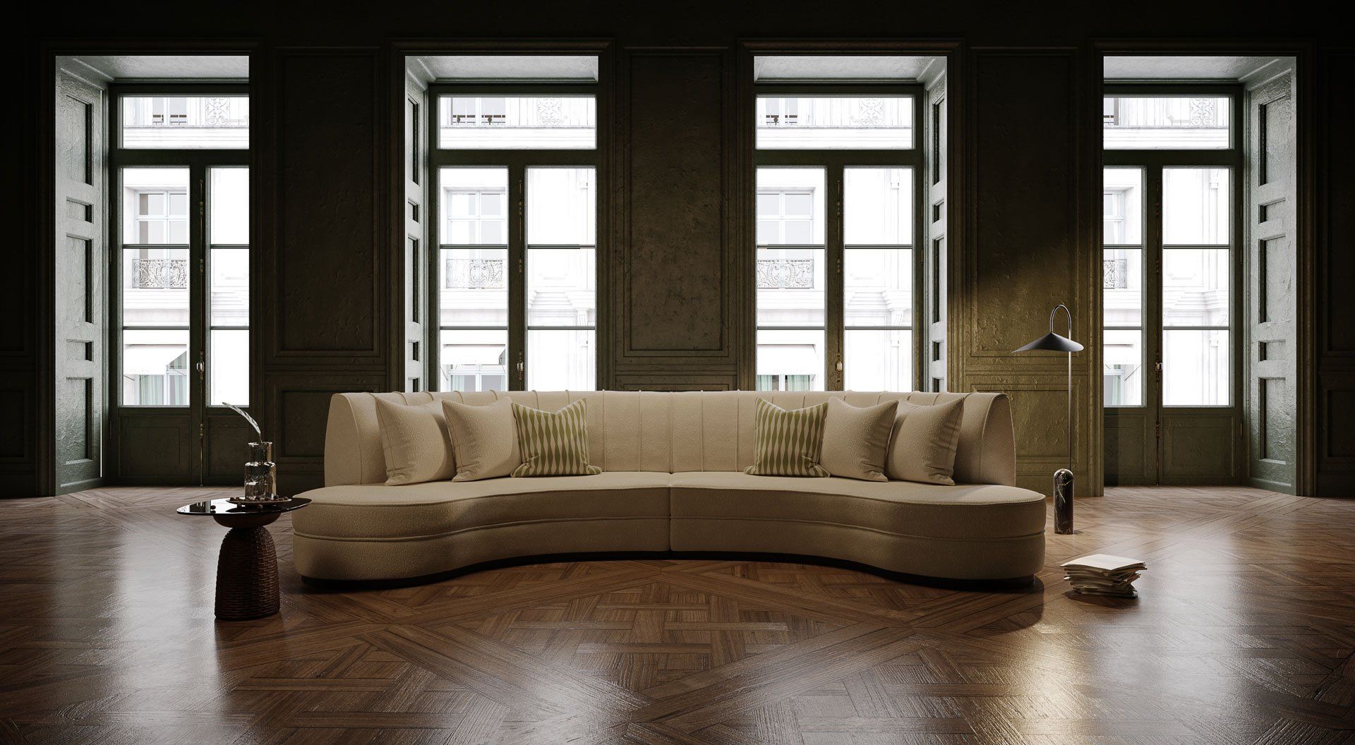 High-quality 3D rendering of a modern sofa in an elegant room