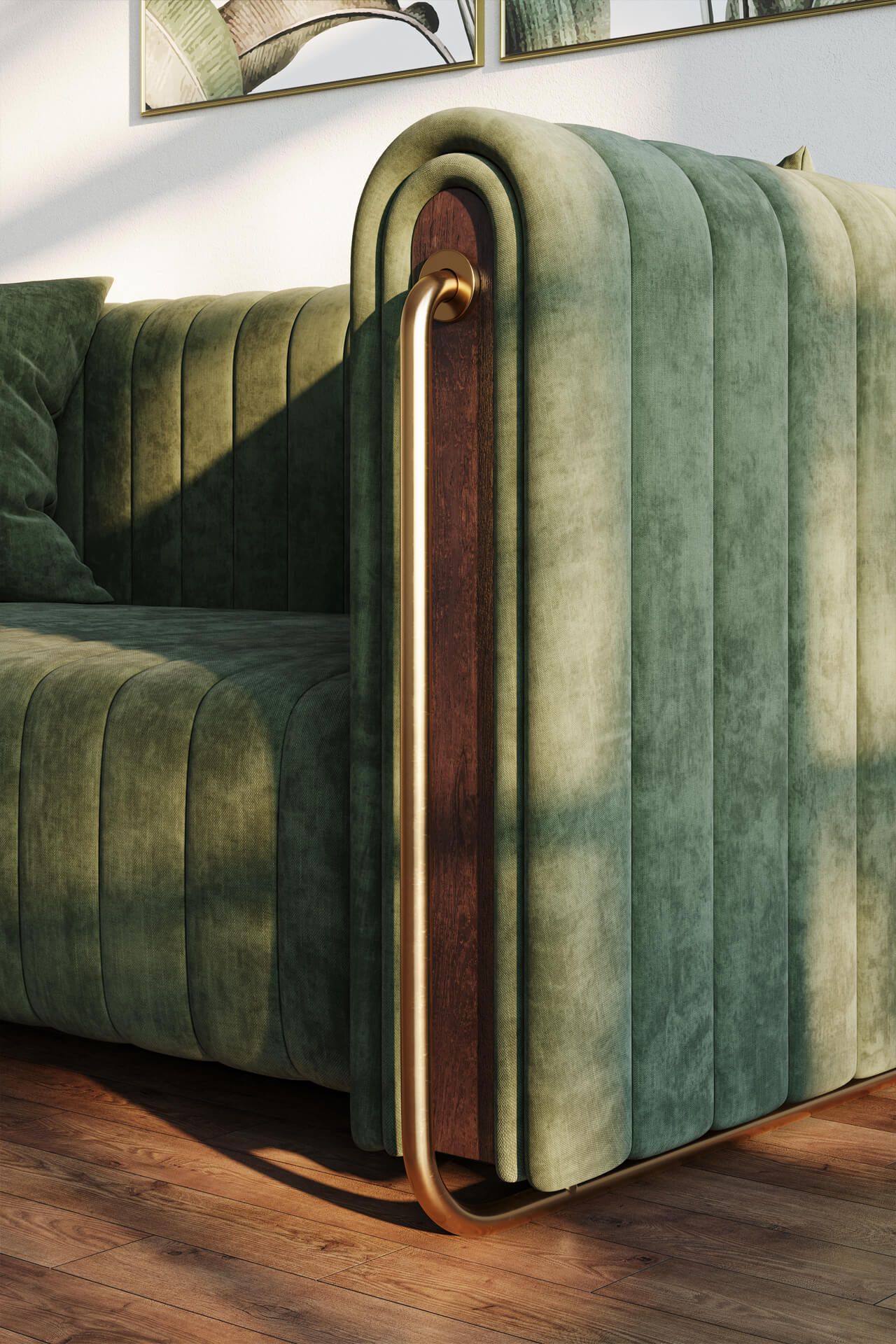 High-quality 3D furniture modeling and rendering of a green sofa with gold accents, showcasing photorealistic visualization and interior design.