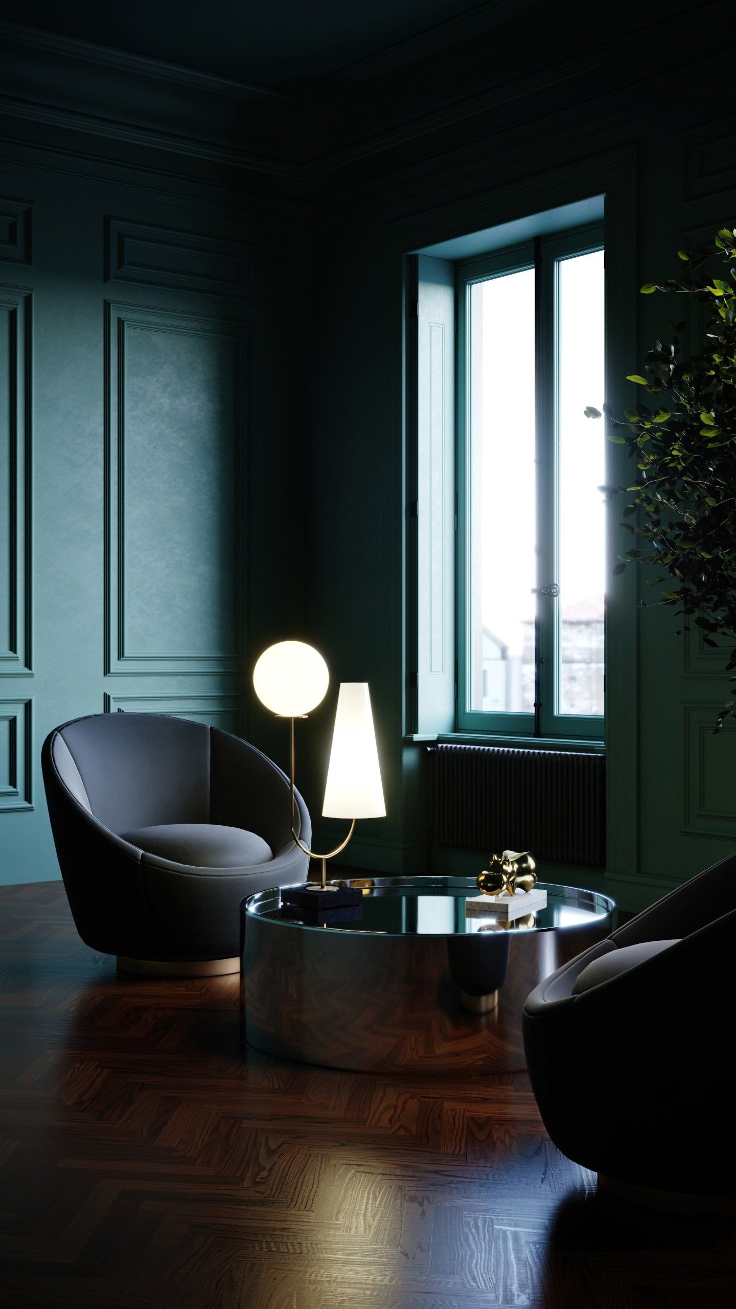 3D Rendering of a Table Lamp and Armchair in a Stylish Living Room Interior With Dark Walls and Wood Flooring