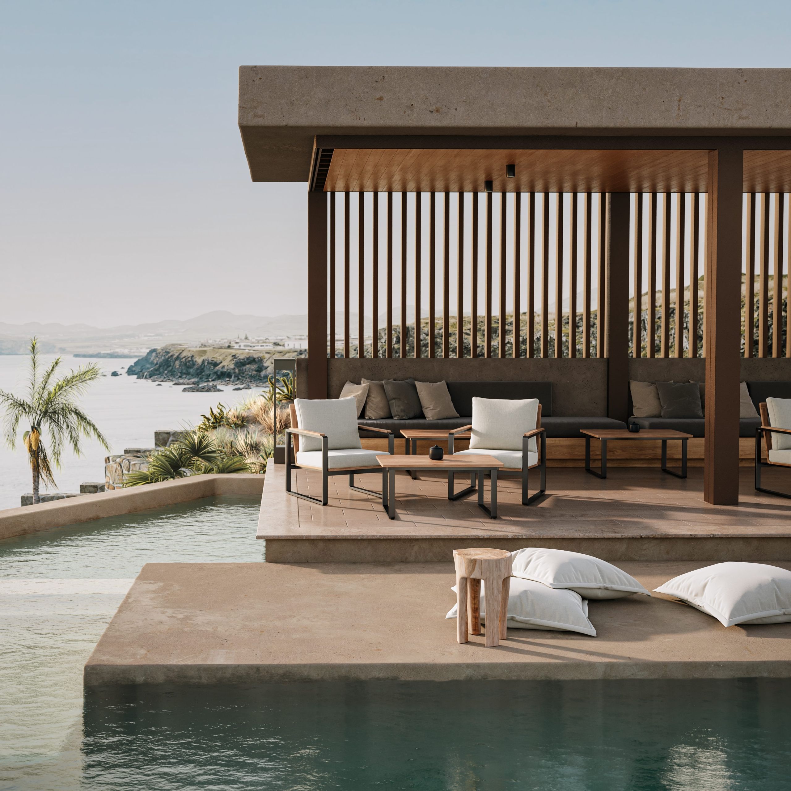 First-class 3D rendering of an outdoor lounge area with modern product, showcasing photorealistic visualization and 3D modeling.