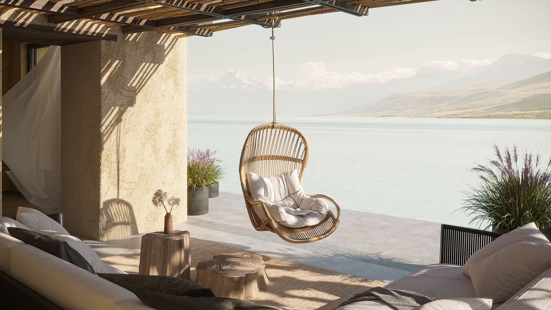 Terrace home render: hanging rattan chair at lakeside with bamboo pergola