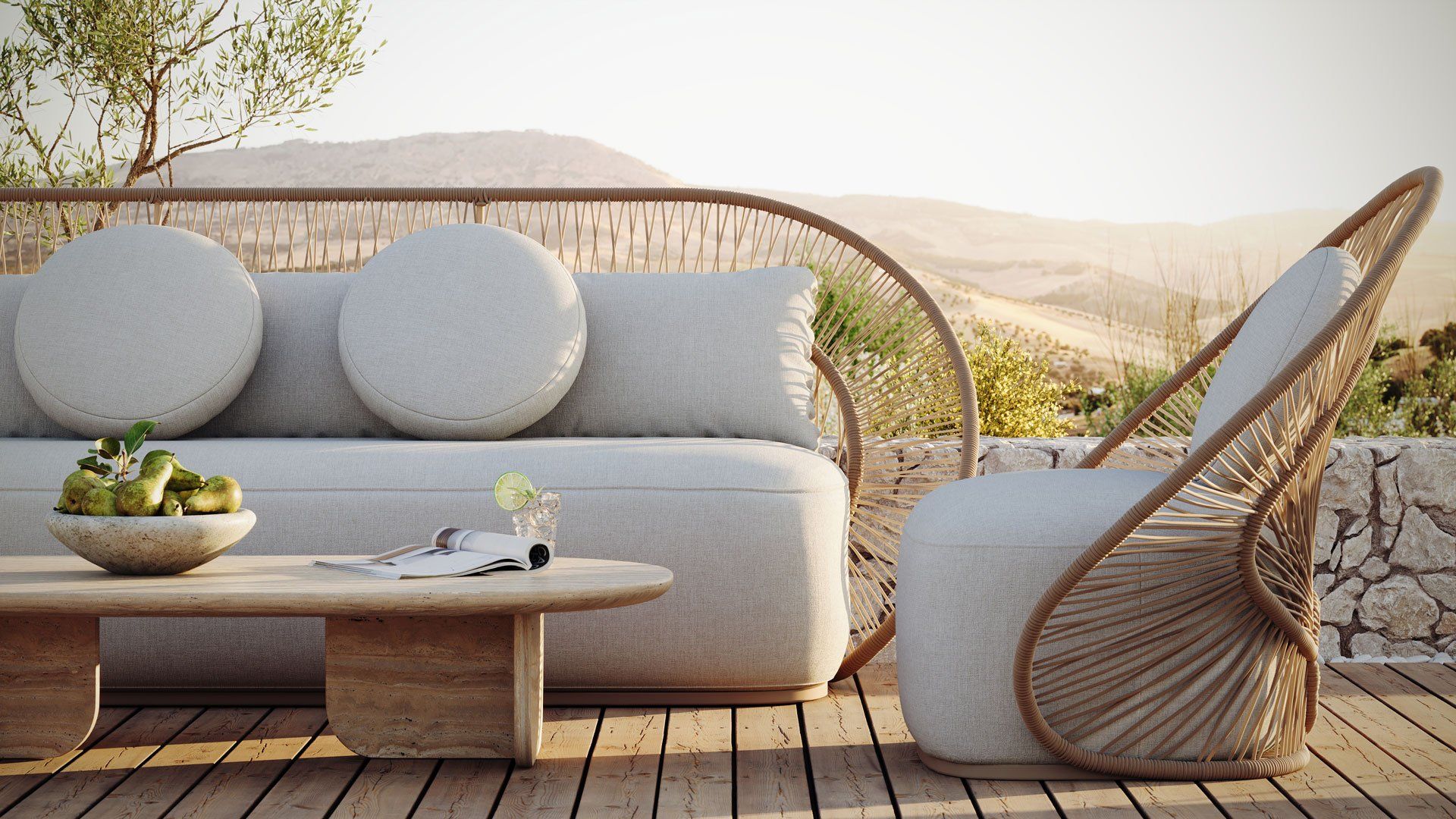 Realistic furniture rendering: minimalist terrace sofa set with countryside landscape