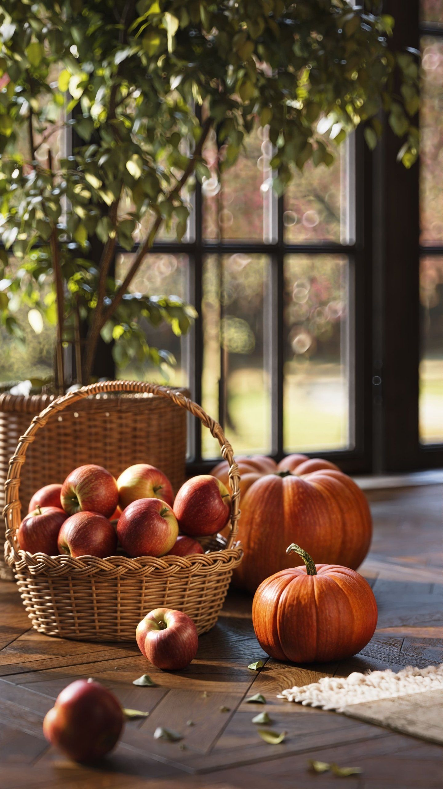 3D rendered scene of a basket of apples and pumpkins in a sunlit interior, showcasing realistic product rendering and 3D lifestyle visualization.