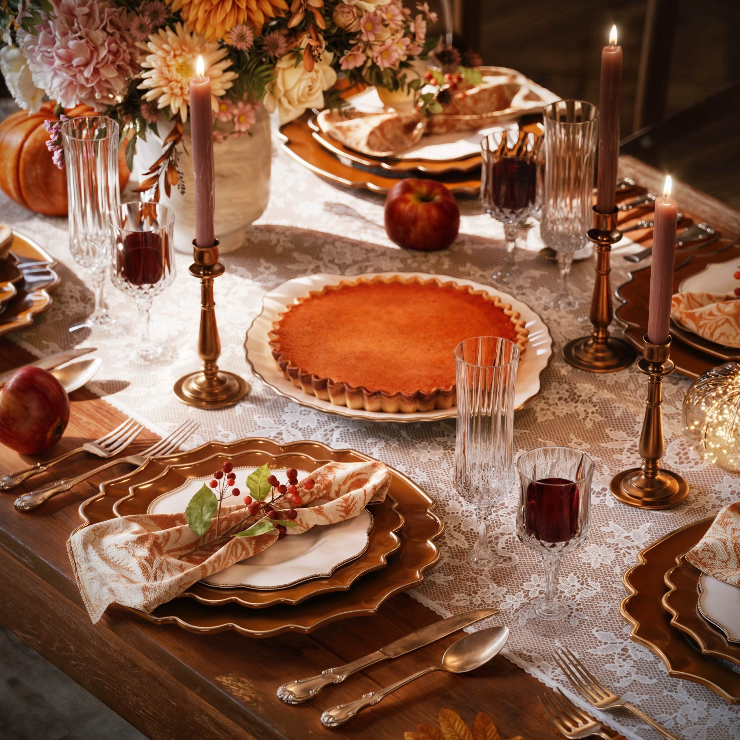Photoreal 3D rendering of a dining table with elegant tableware and autumn decor, showcasing photorealistic product rendering and 3D lifestyle visualization.