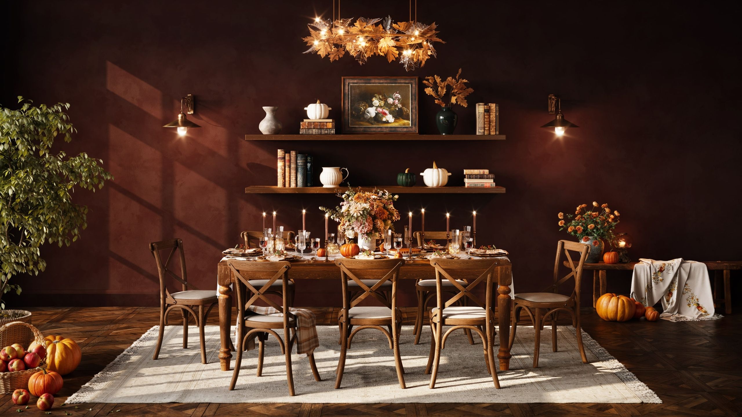 3D Rendering for a Thanksgiving Dining Room with Festive Decor and Wooden Furniture