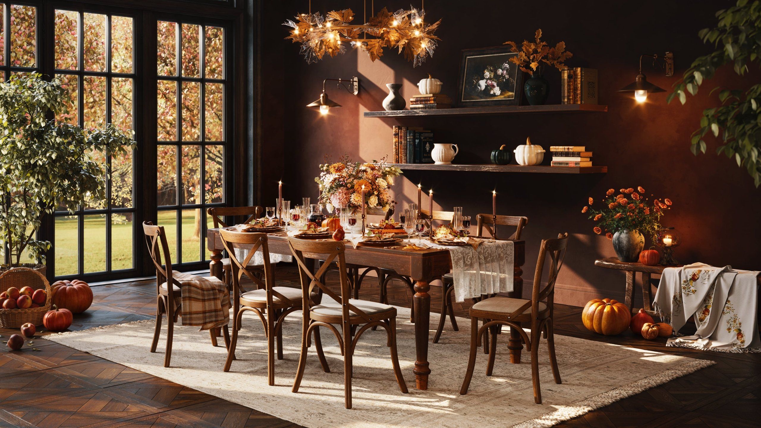 3D rendered product and interior visualization showcasing a cozy dining room with autumn-themed decor, featuring realistic product rendering and first-class 3D visualization.