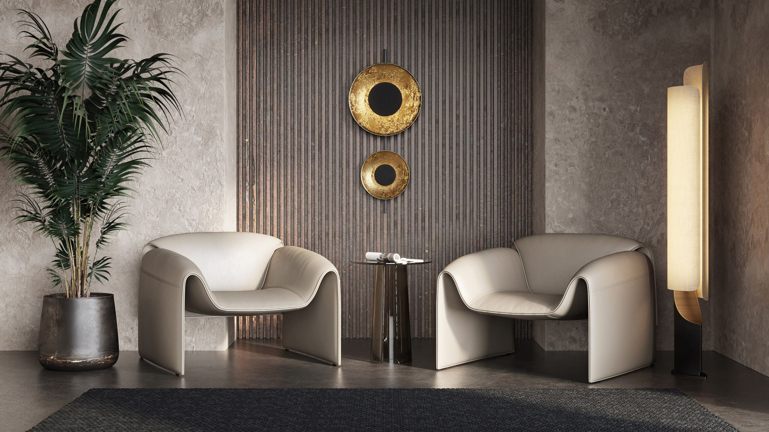 3D furniture modeling and rendering showcasing modern chairs and decor in a stylish interior setting