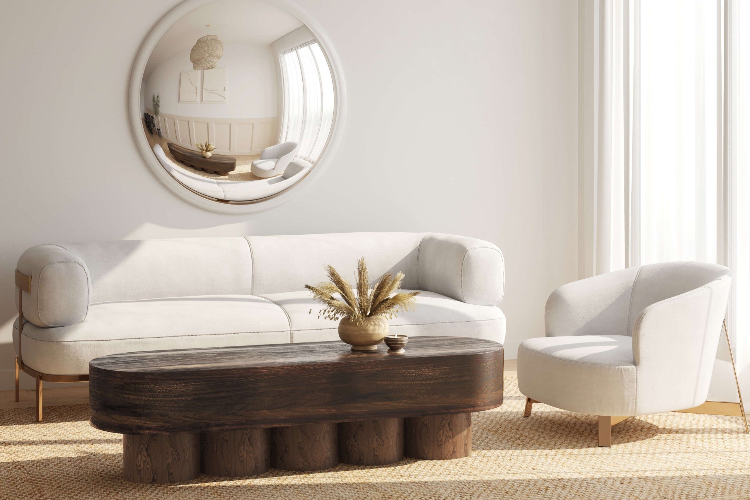 3D rendering of a trendy living room with a sofa, chair, and wooden table, showcasing 3D house fittings modeling and visualization.