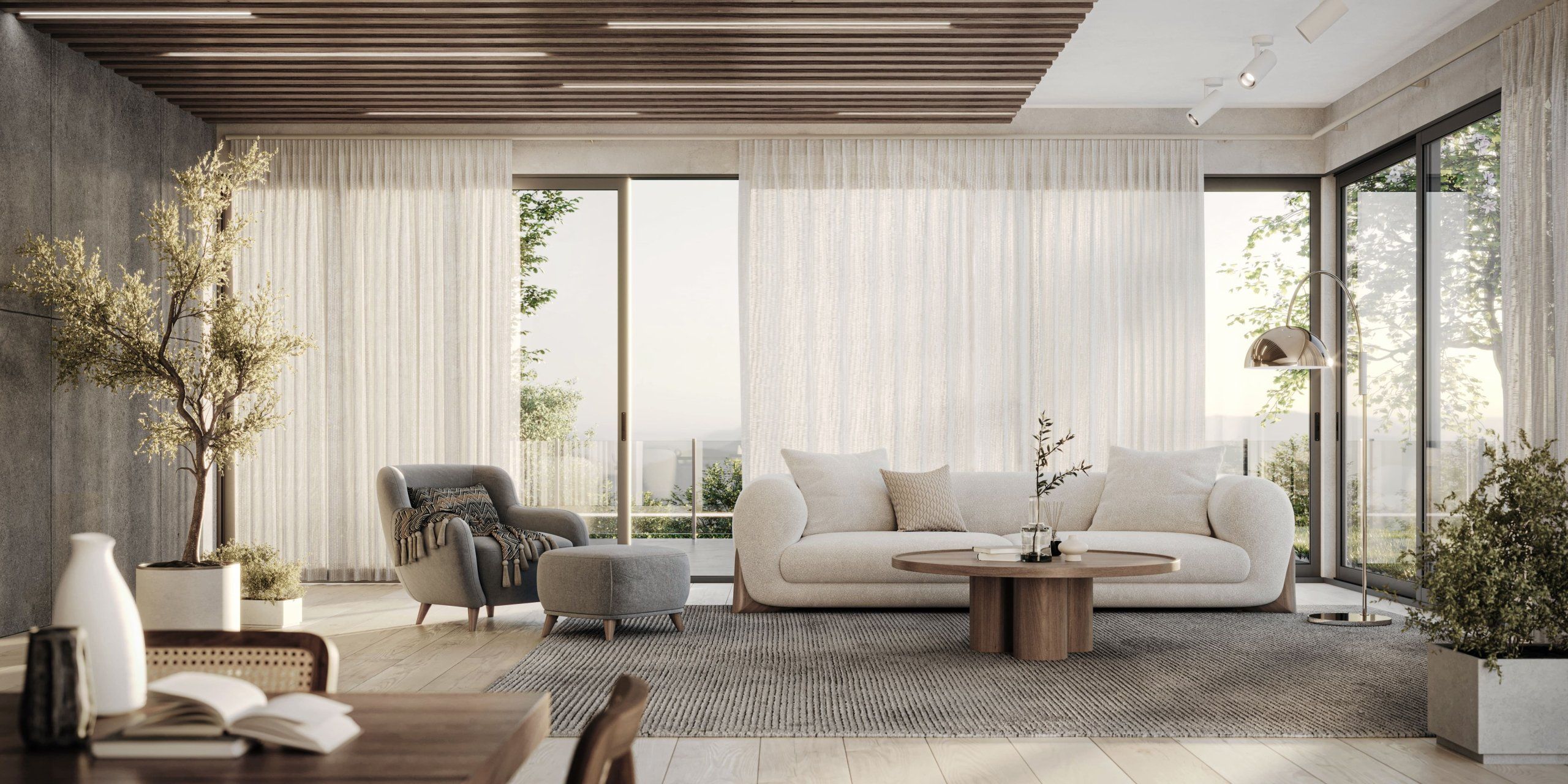 Lifestyle 3D rendering of a modern living room furniture