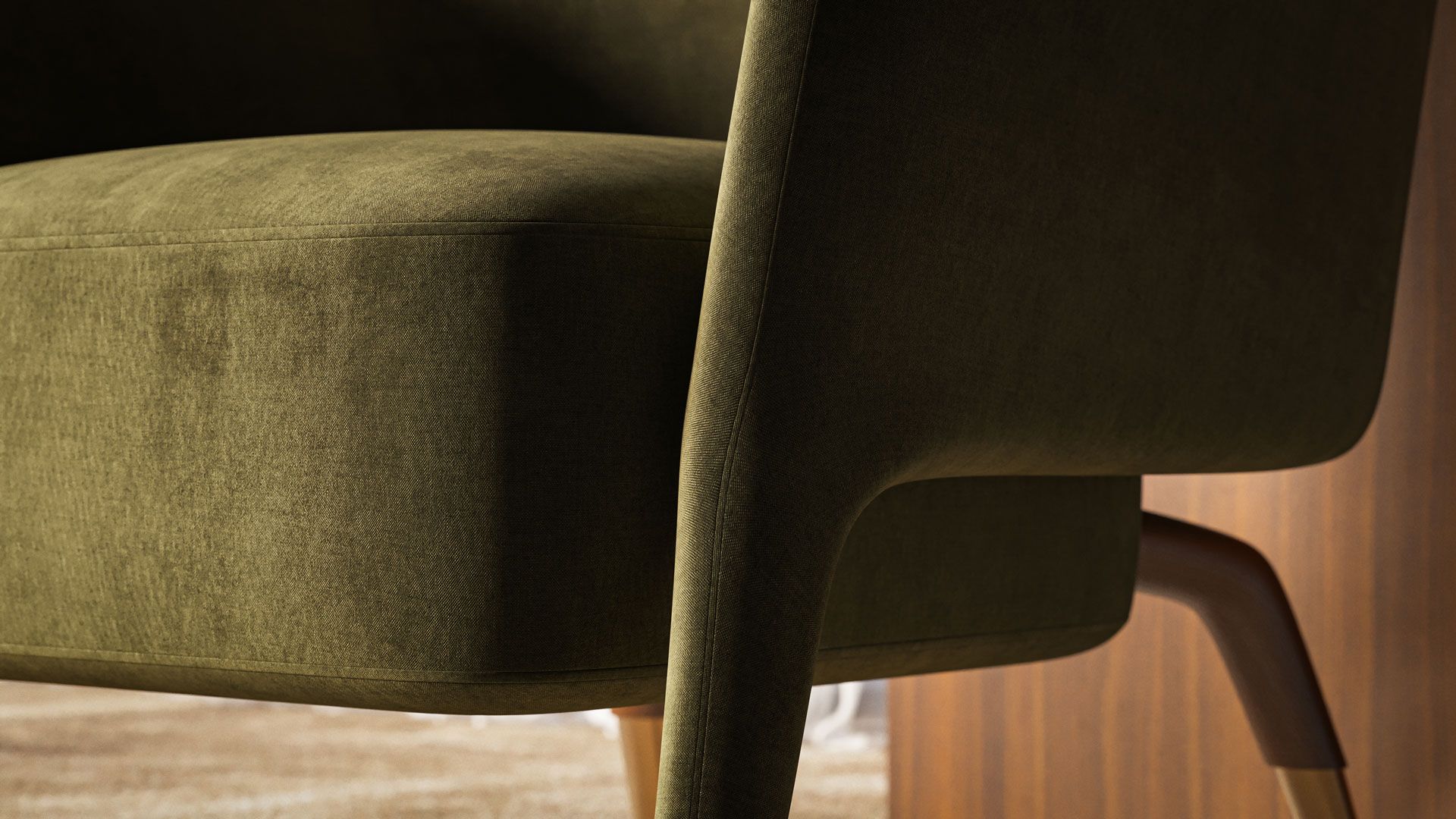 Close-Up 3D Rendering of Olive Upholstered Chair