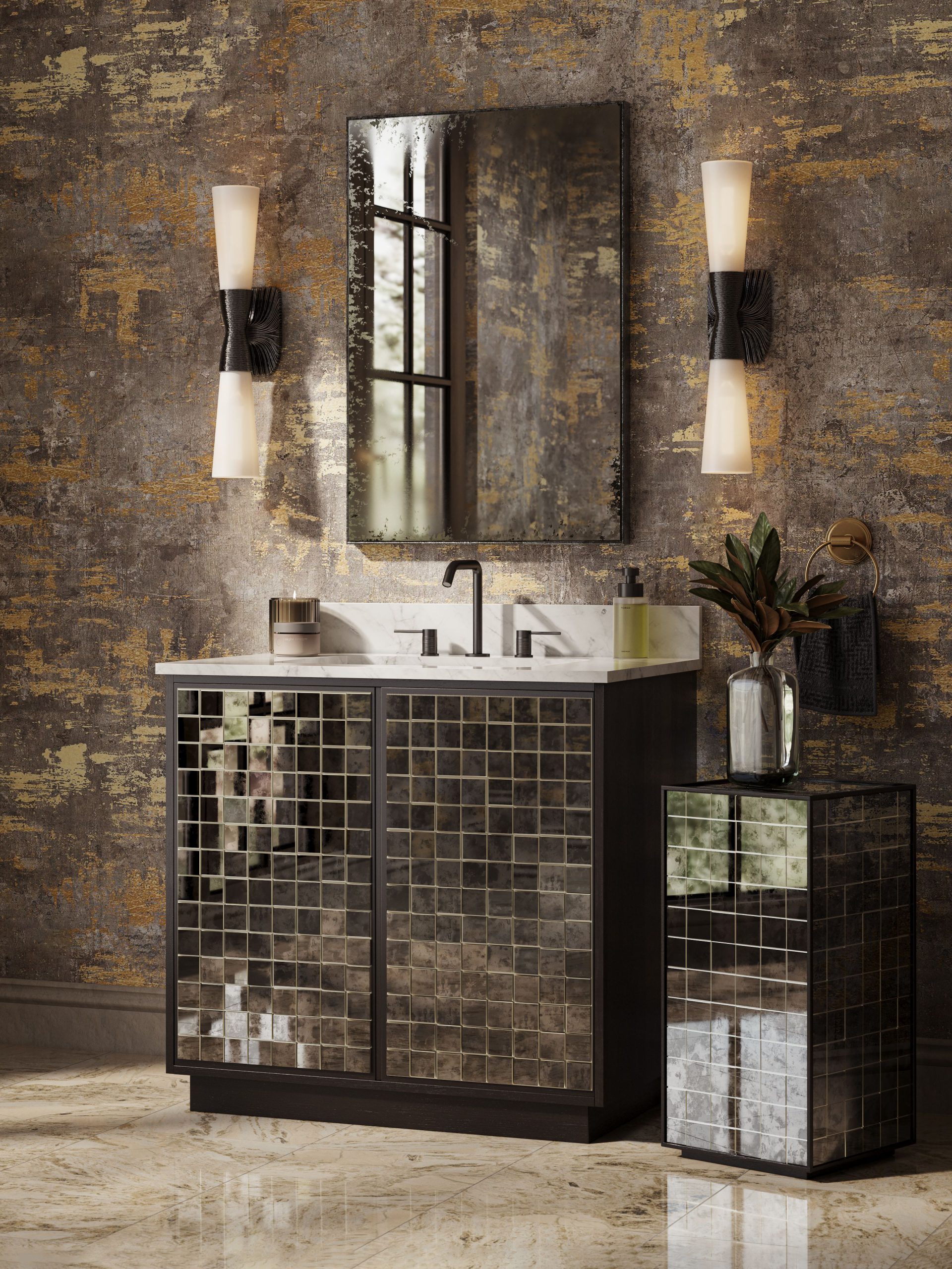 3D rendering of a mirrored mosaic vanity and pedestal, antiqued wall mirror, and woven dual-shade wall sconces in a luxury powder room with patinated gold wallcovering