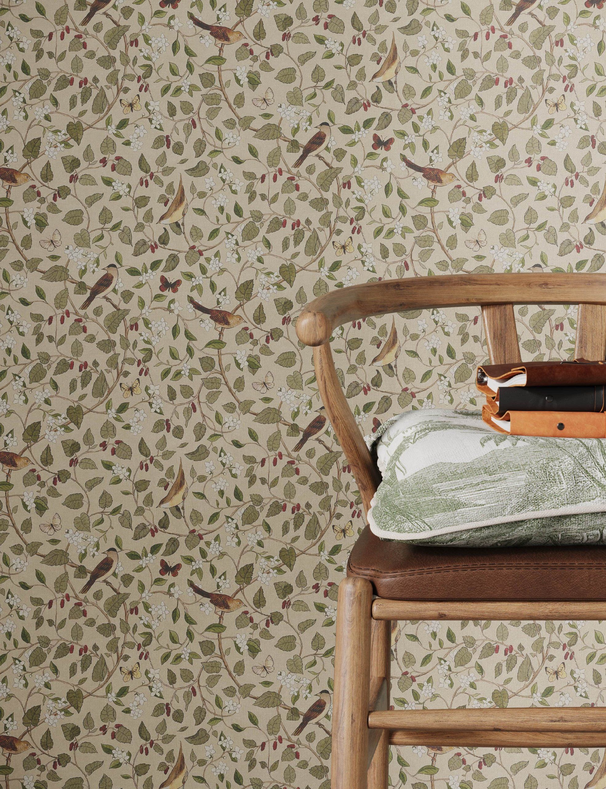 3D Visualization of Wallpaper with Birds and Leaves next to Wooden Chair