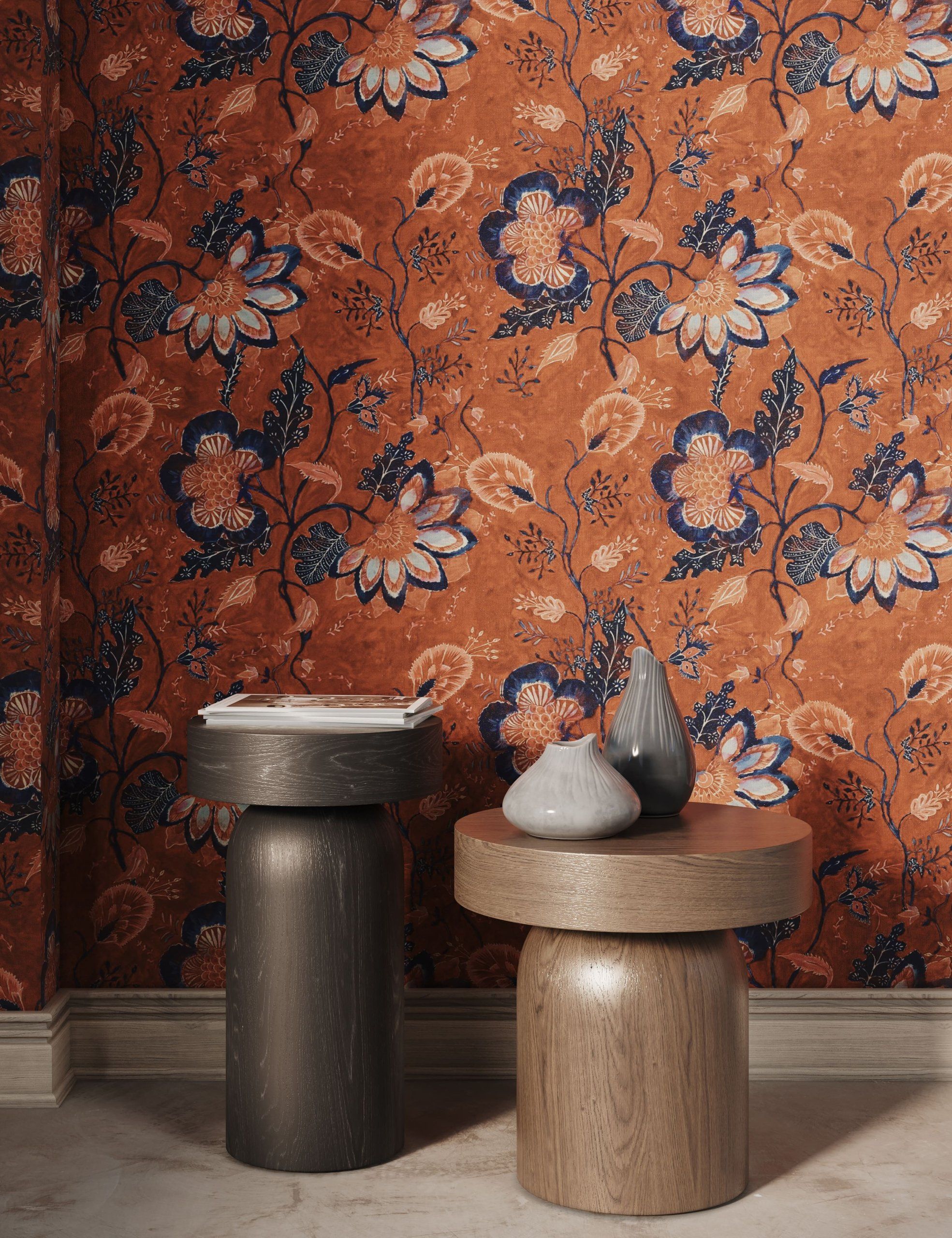 Photorealistic 3D rendering of a floral wallpaper