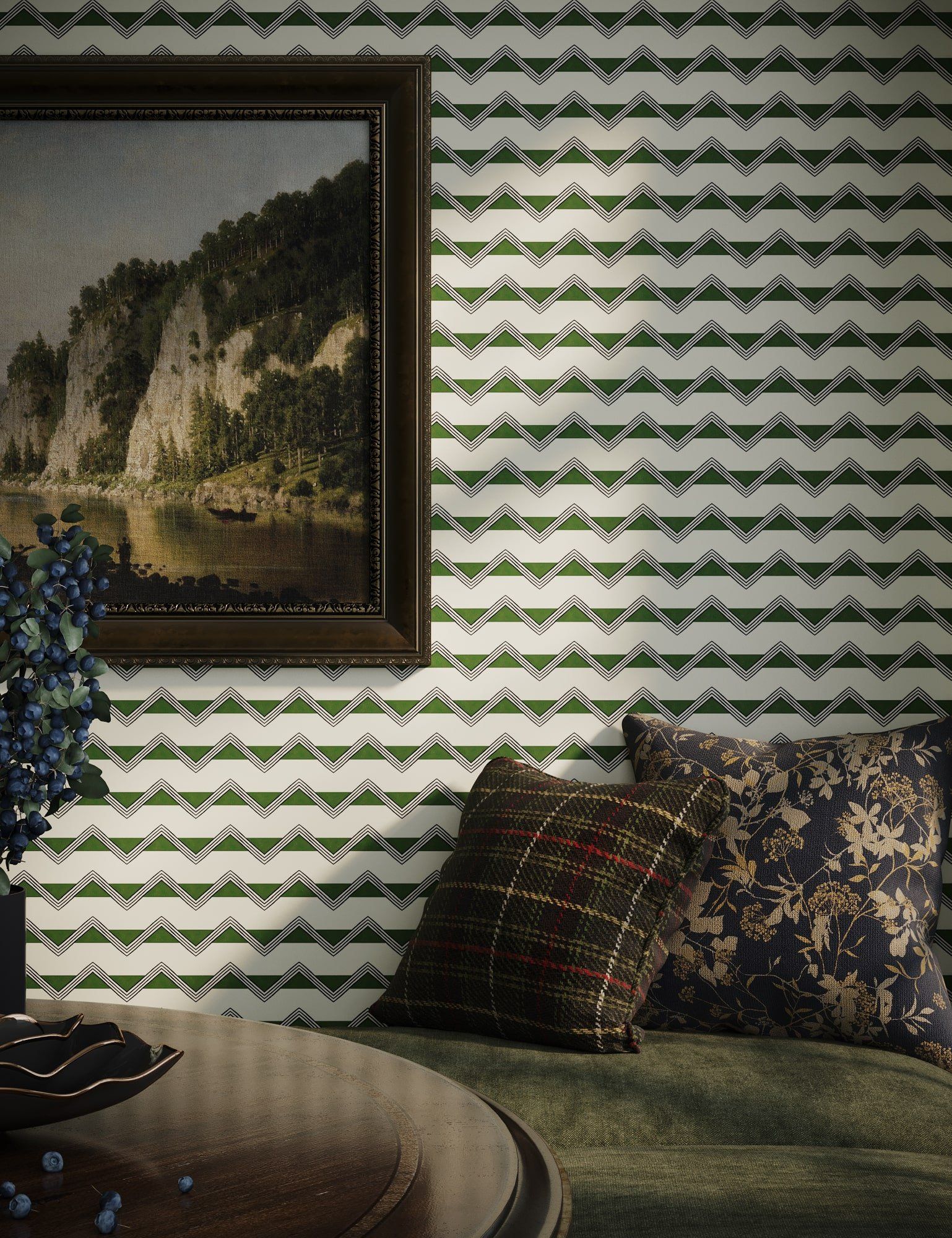 Photorealistic 3D rendering of a wallpaper and textiles