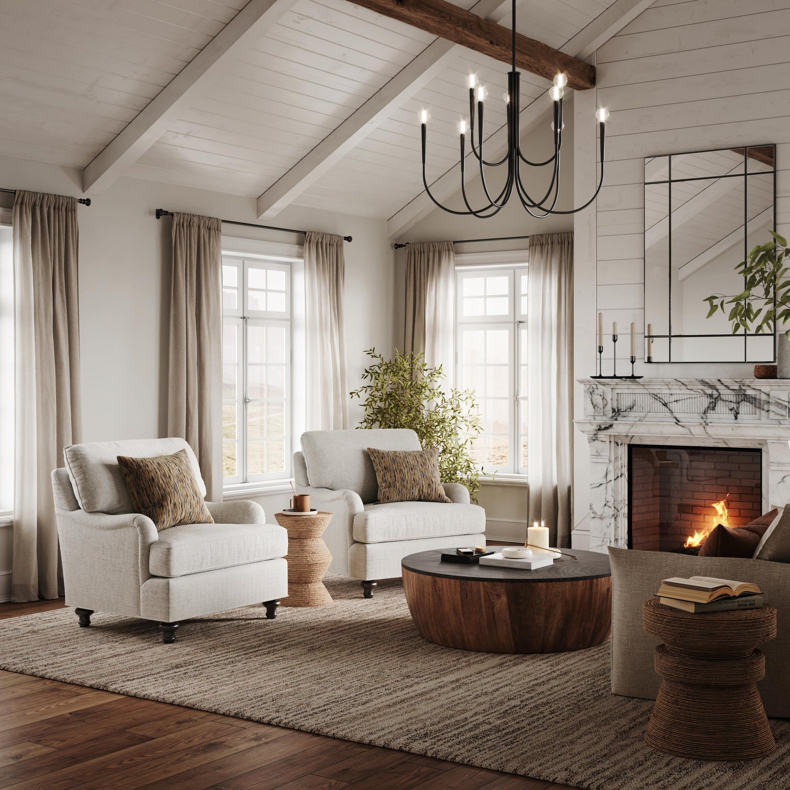 First-class 3D rendering of a cozy living room featuring realistic product and interior design, showcasing 3D product modeling and visualization.