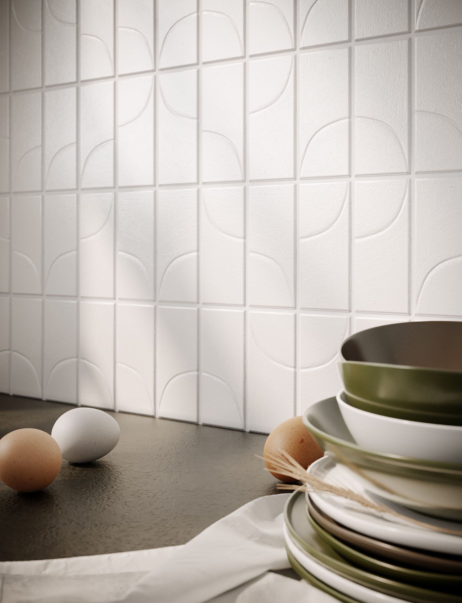 Realistic 3D rendering of a kitchen scene featuring custom tableware and realistic textures