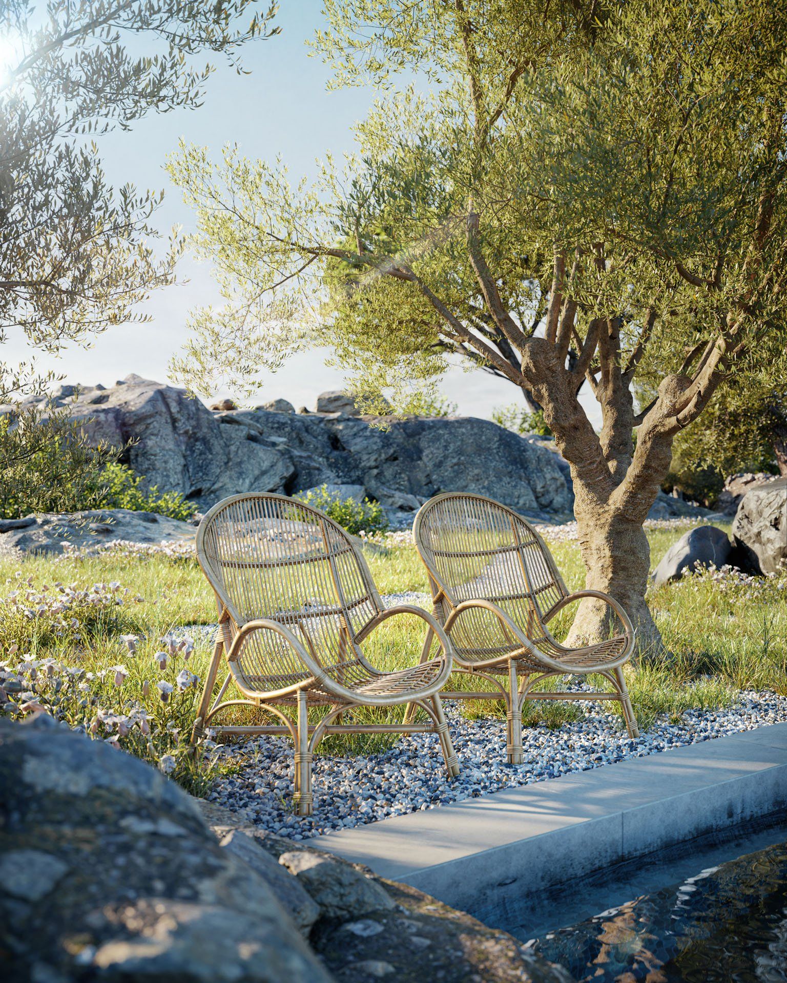 Photorealistic 3D rendering of wicker chairs in a natural outdoor setting