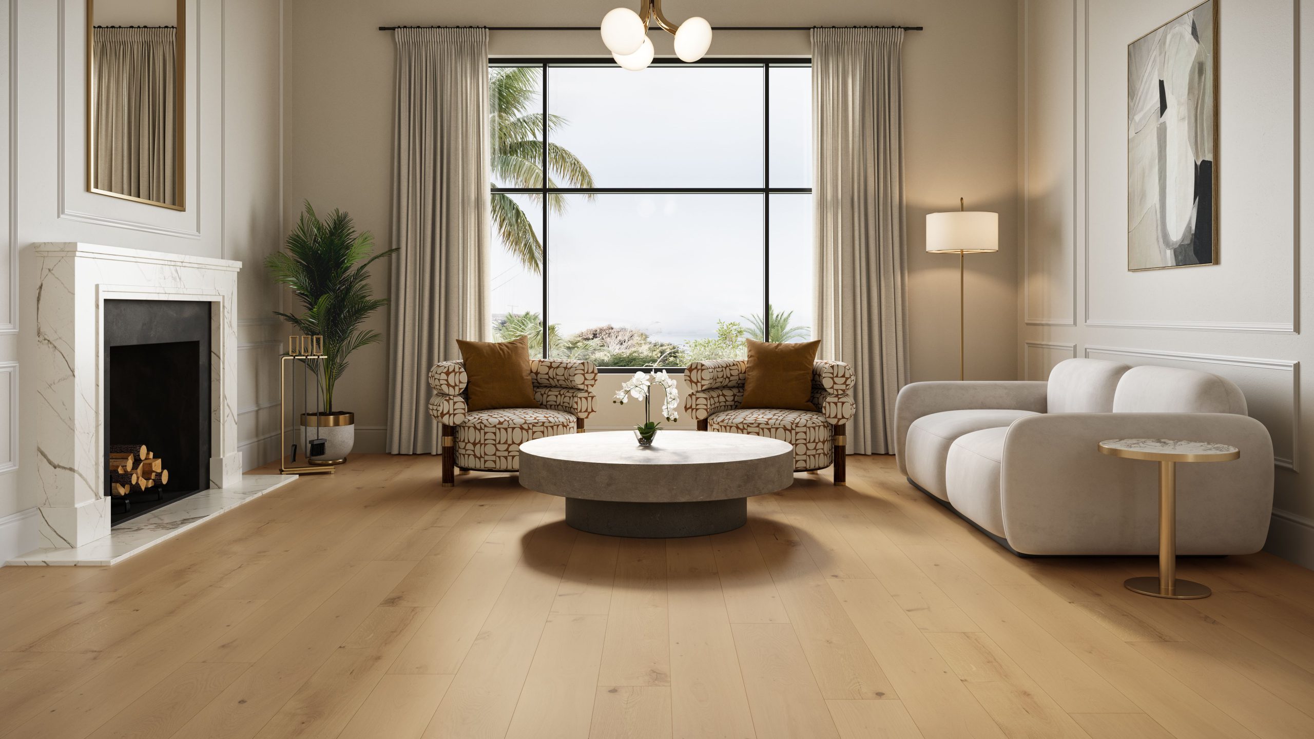 CGI visualization of light wide plank flooring in an elegant living room with marble fireplace, patterned armchairs, curved sofa, round stone coffee table, and tropical view through floor-to-ceiling windows