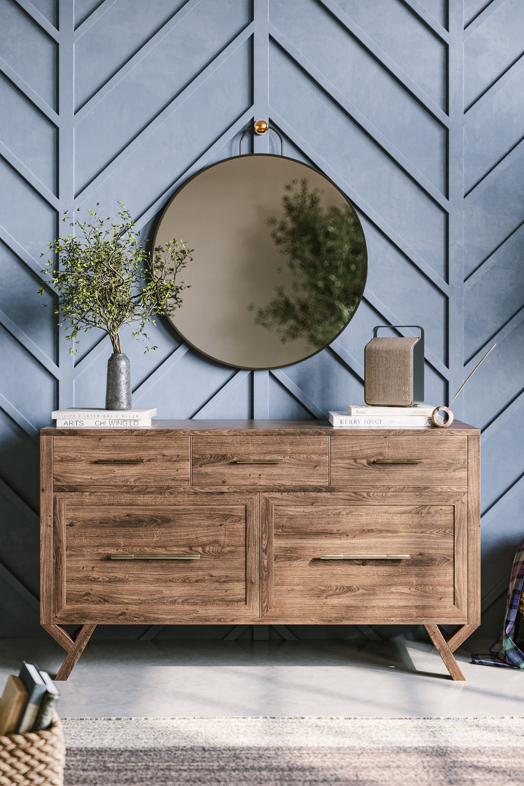 Photorealistic 3D rendering of a wooden dresser with a mirror