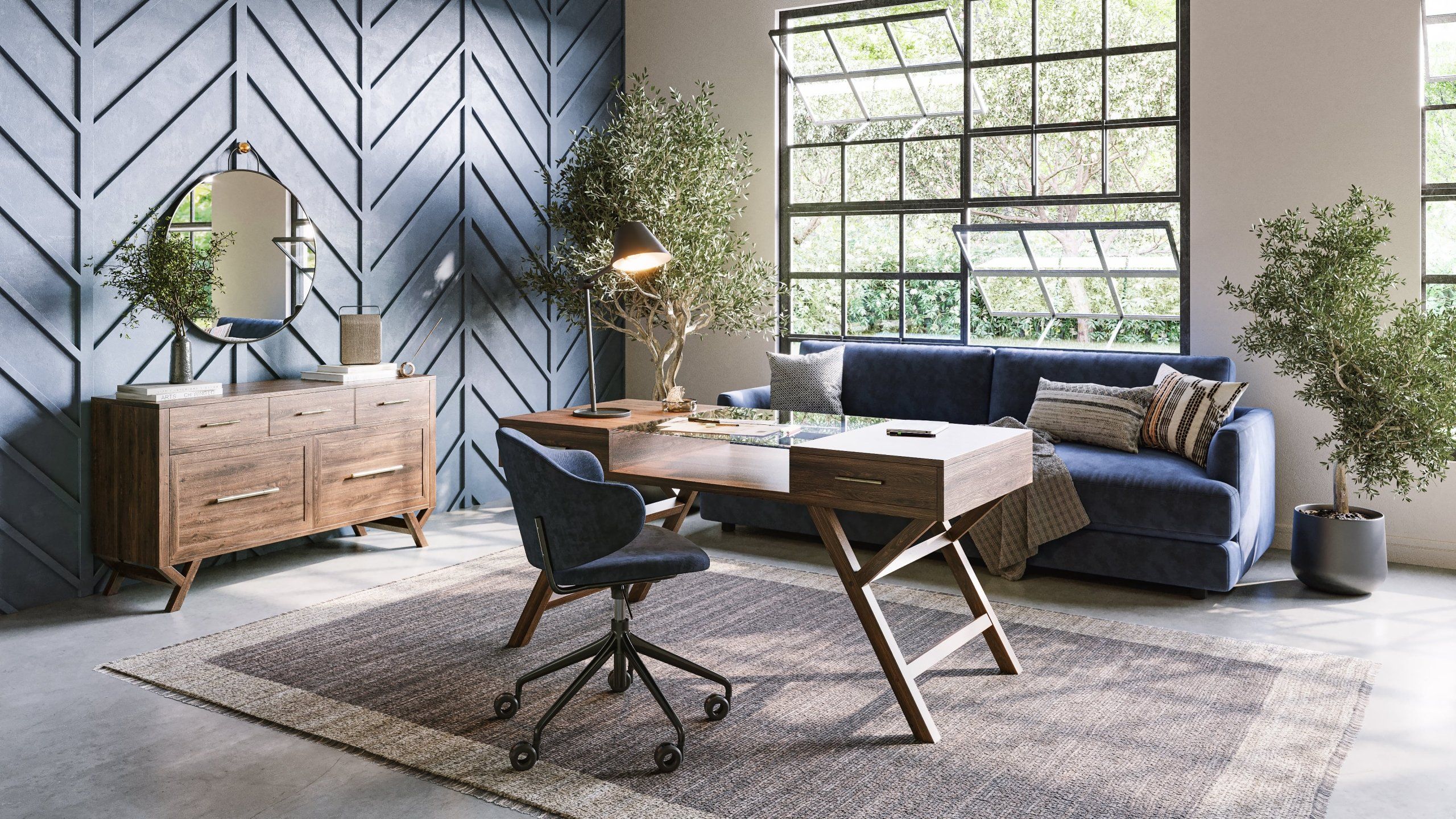 3D Rendering of Blue Wall Panels in a Home Office