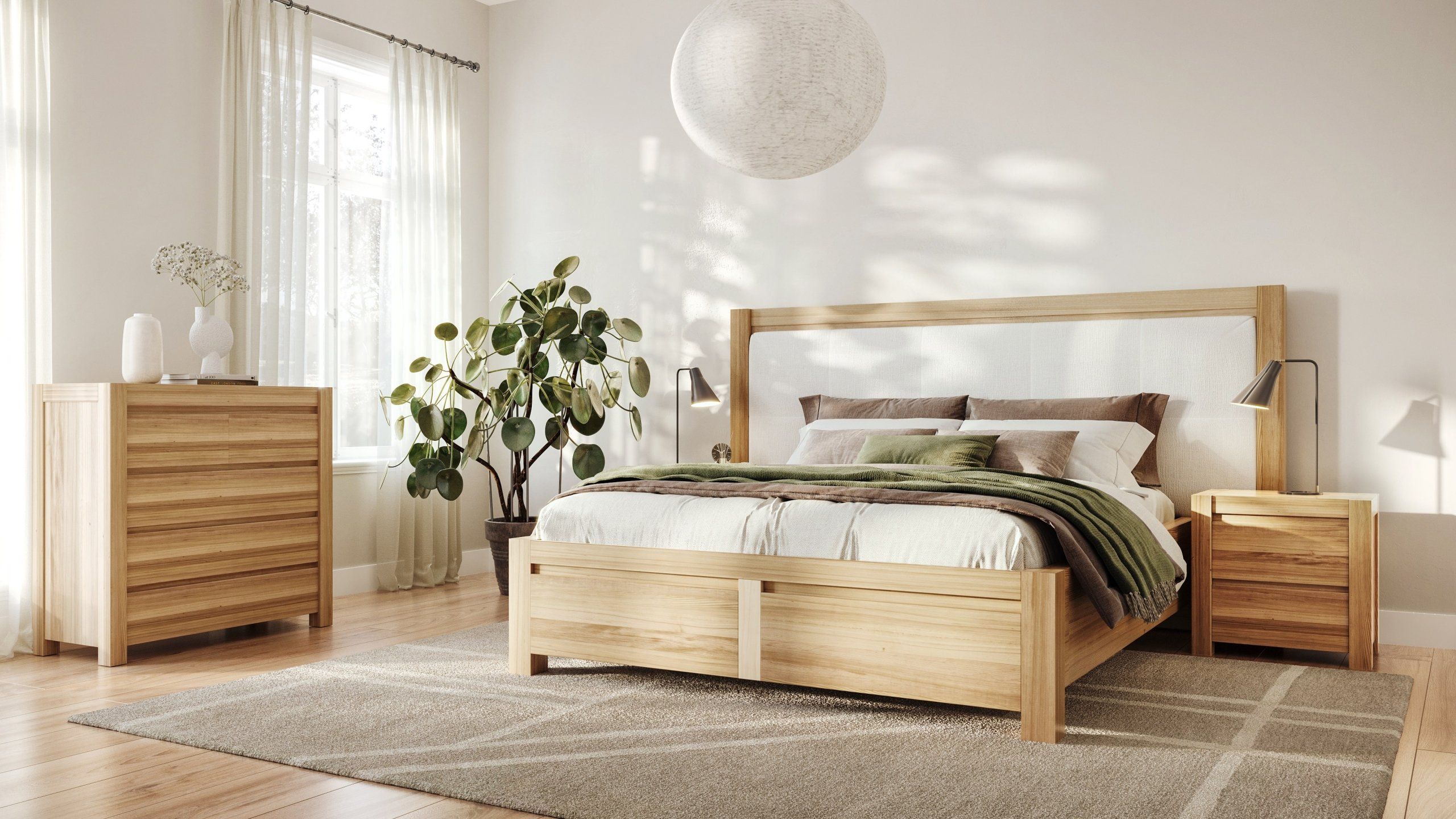 3D interior visualization of a trendy bedroom with photorealistic house fittings rendering, showcasing a wooden bed and dresser.