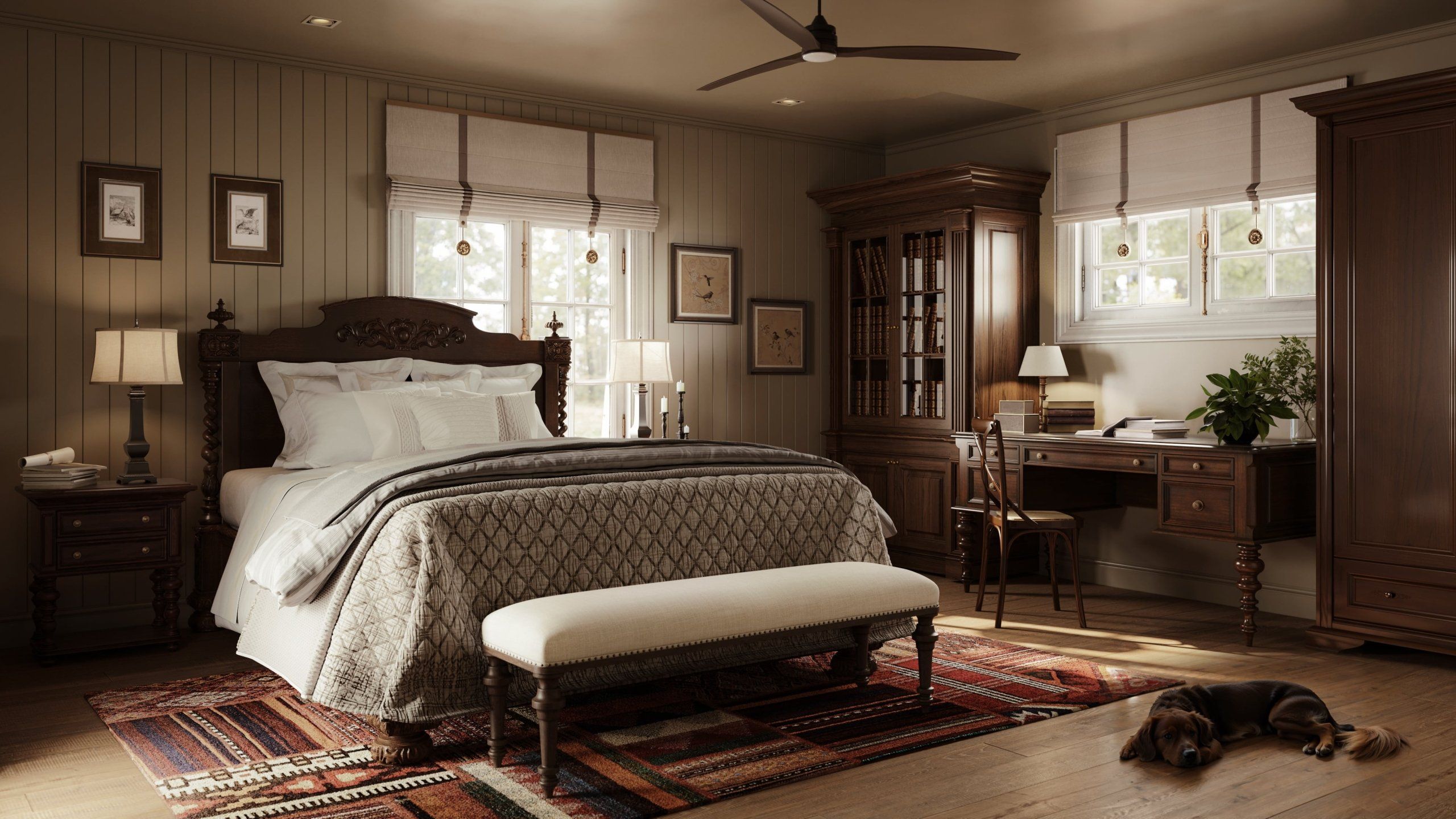 High-quality 3D rendering of a classic bedroom showcasing detailed furniture modeling and photorealistic visualization.