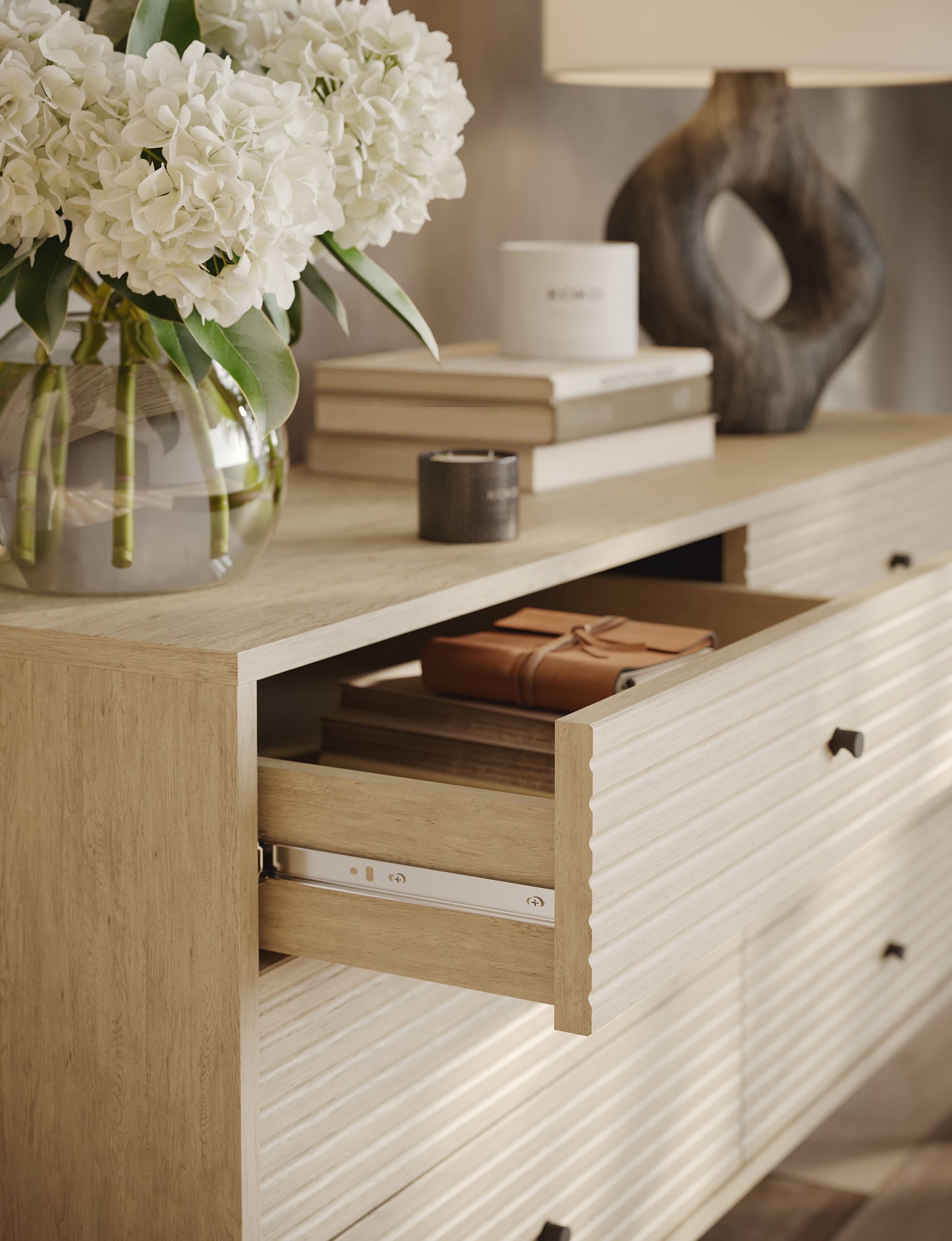 High-quality 3D rendered image of a wooden dresser with open drawer