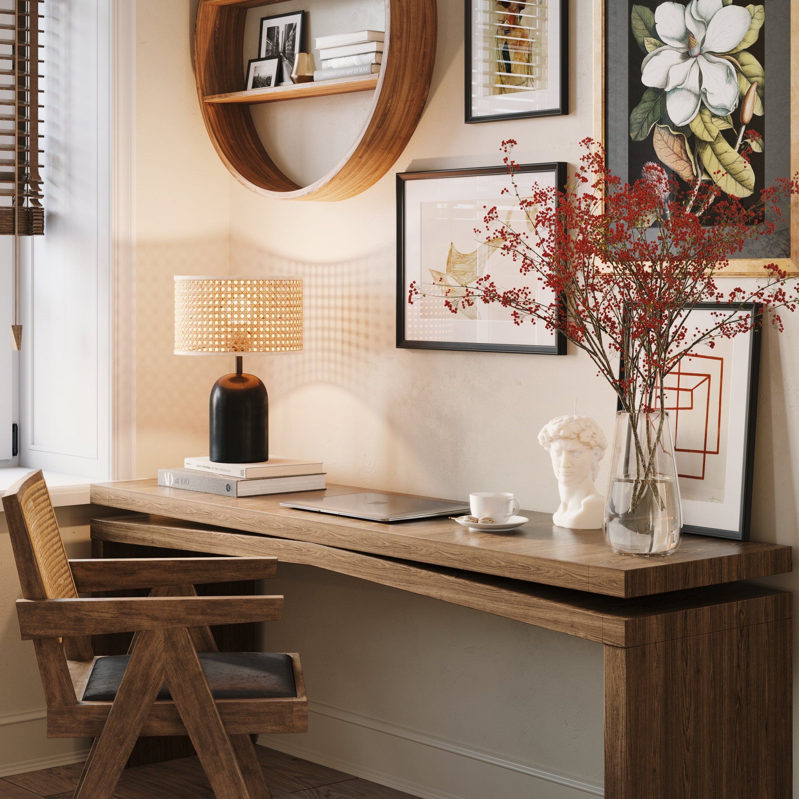 3D Rendering Showing Wooden Furniture, a Lamp, and Decor