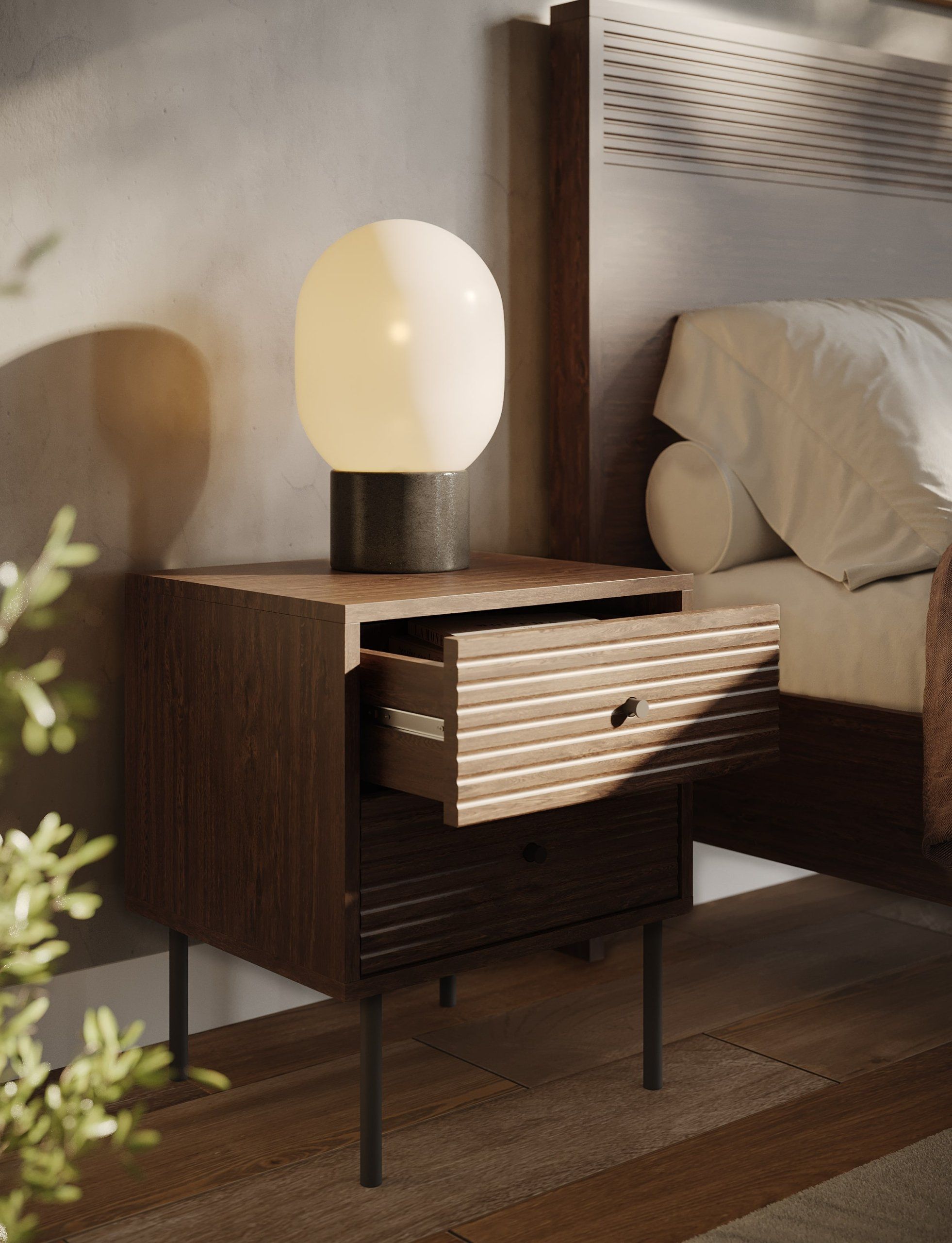 3D rendered image of a bedroom with a wooden nightstand and lamp, showcasing photorealistic product visualization and interior rendering.