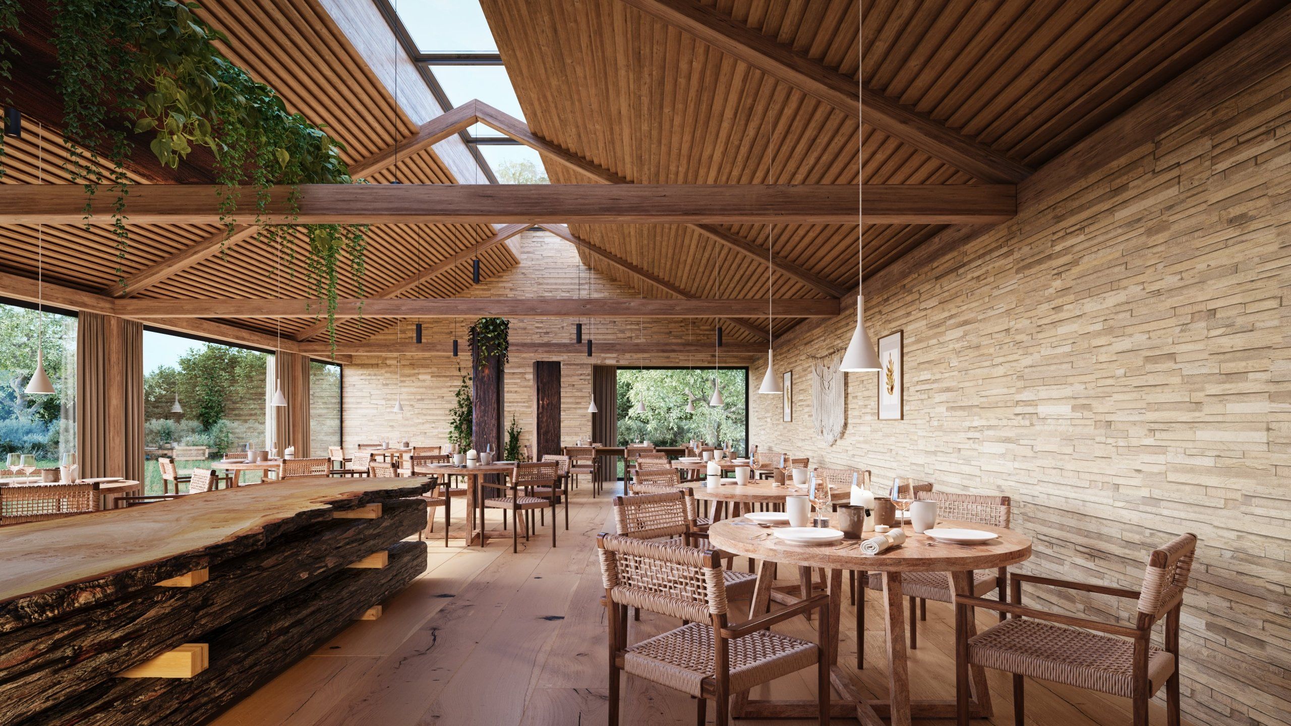 Top-notch 3D rendering of a rustic dining area showcasing wooden furniture and natural lighting, emphasizing 3D furniture modeling and visualization.