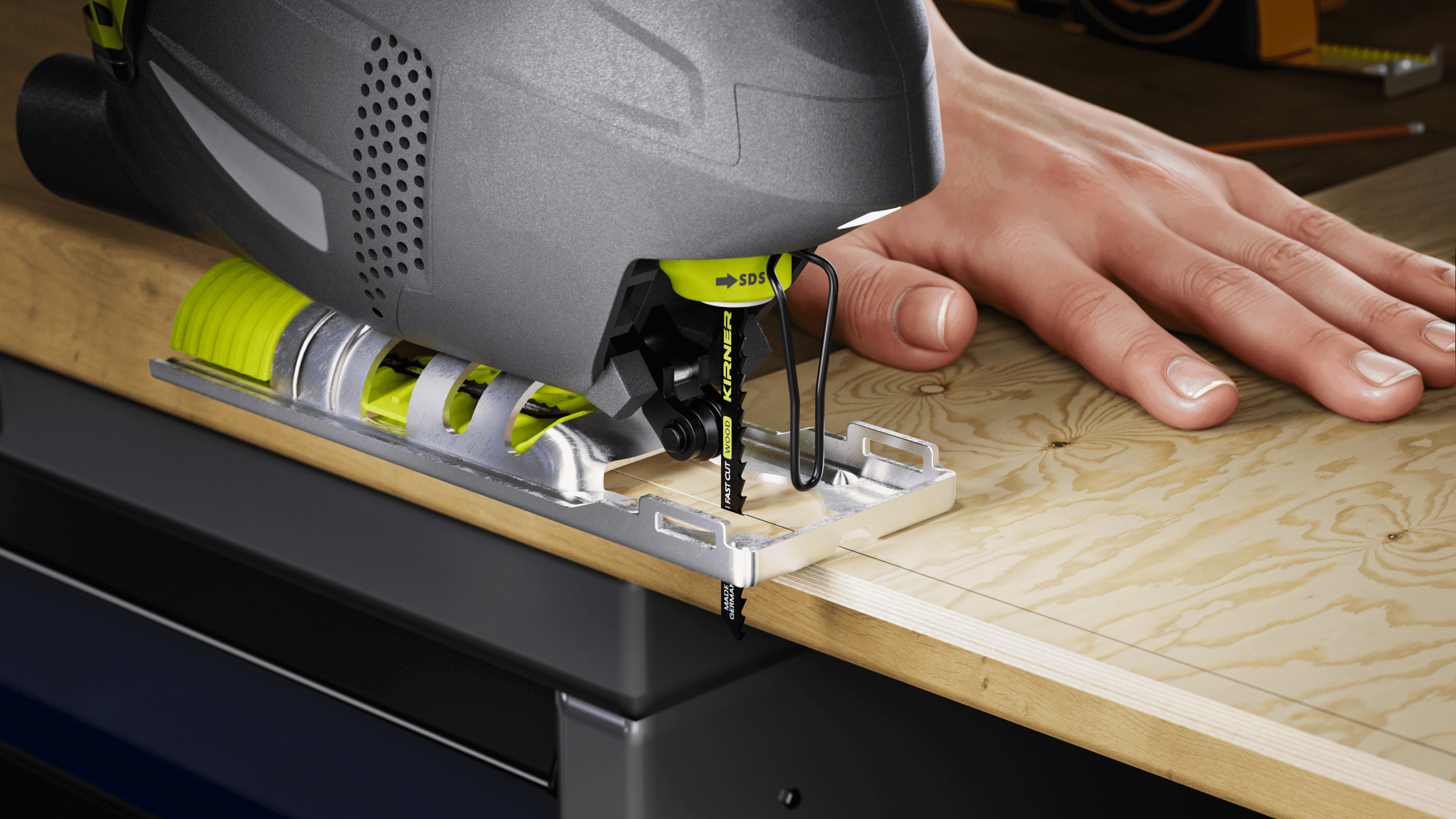 Close up 3D shot of a man using woodworking saw 