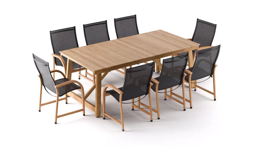 Outdoor patio dining set with a large table and eight mesh chairs arranged around it, shown in a clean silo render