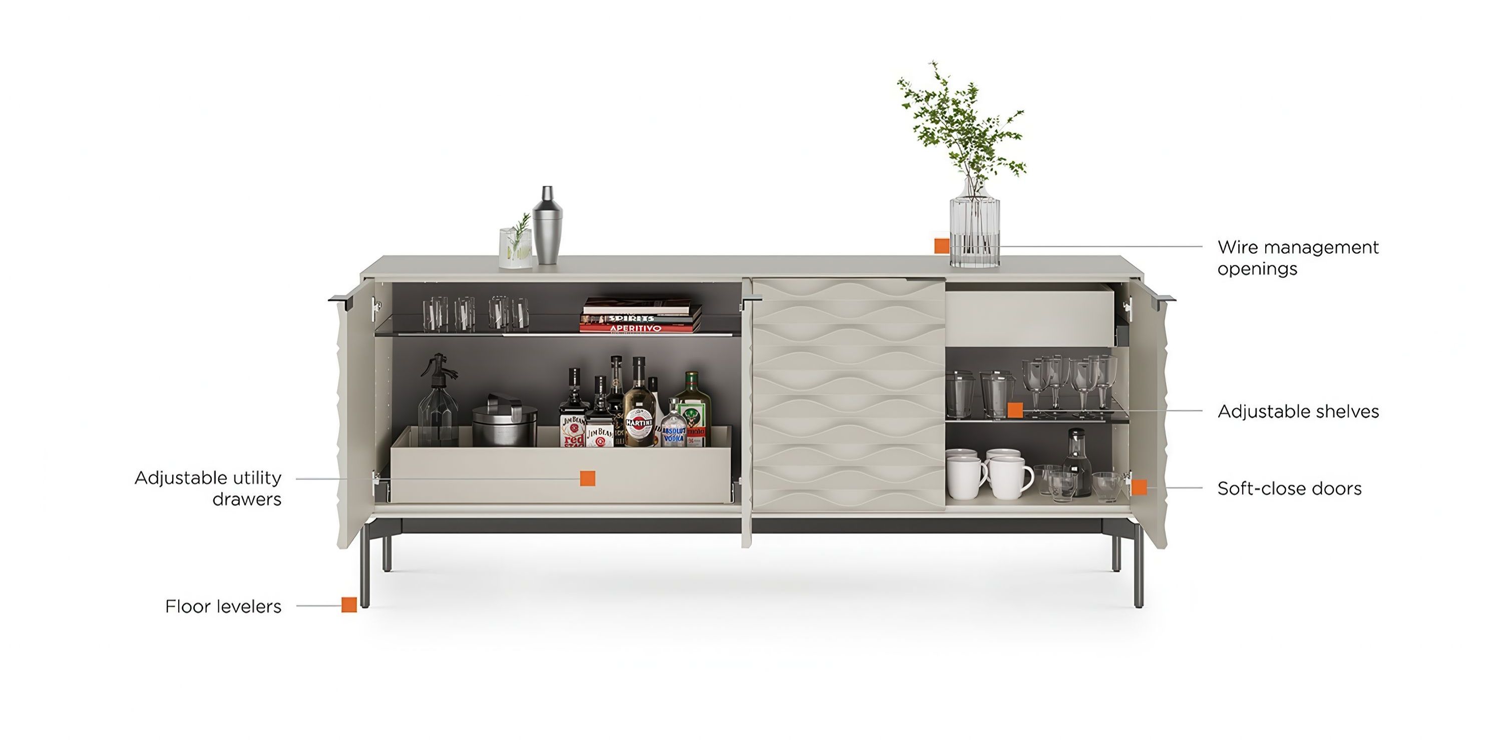 Sideboard cutaway with labeled shelves, drawers, soft close doors, and wire openings in product feature rendering